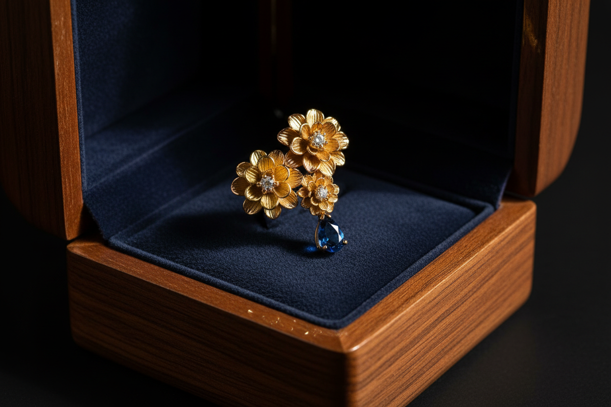 faca um Brinco Dália Trio Stud dentro da caixa, em um fundo preto