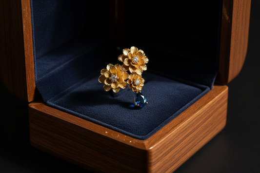 faca um Brinco Dália Trio Stud dentro da caixa, em um fundo preto