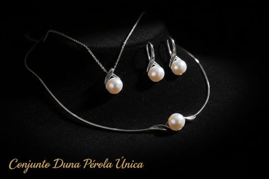 faca um conjunto de joias Conjunto Duna Pérola Única em fundo preto