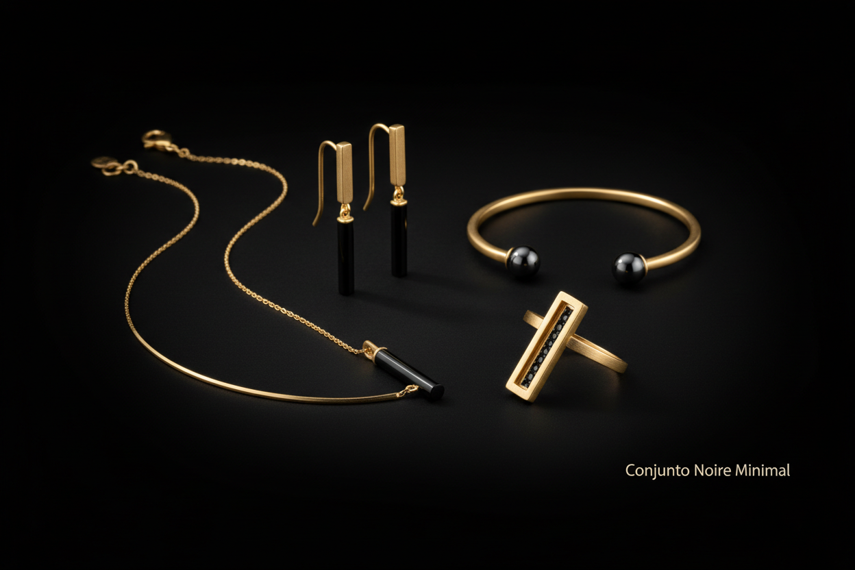 faca um conjunto de joias Conjunto Noire Minimal em fundo preto