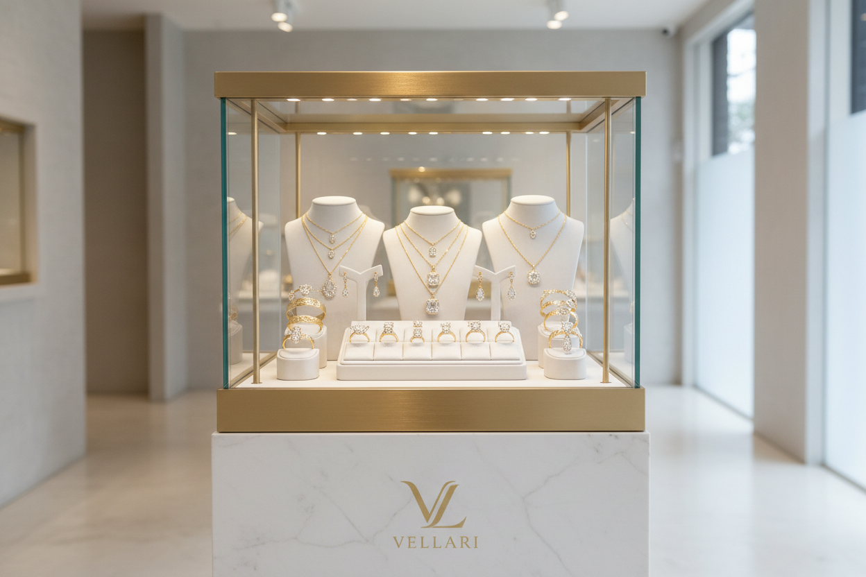 gere uma vitrine repleta de joias bonitas, altamente realista e que faca sentido com a realidade. deixe também uma logo feita com as letras V + L. da minha loja vellari. os tons devem ser cinza claro, branco e dourado